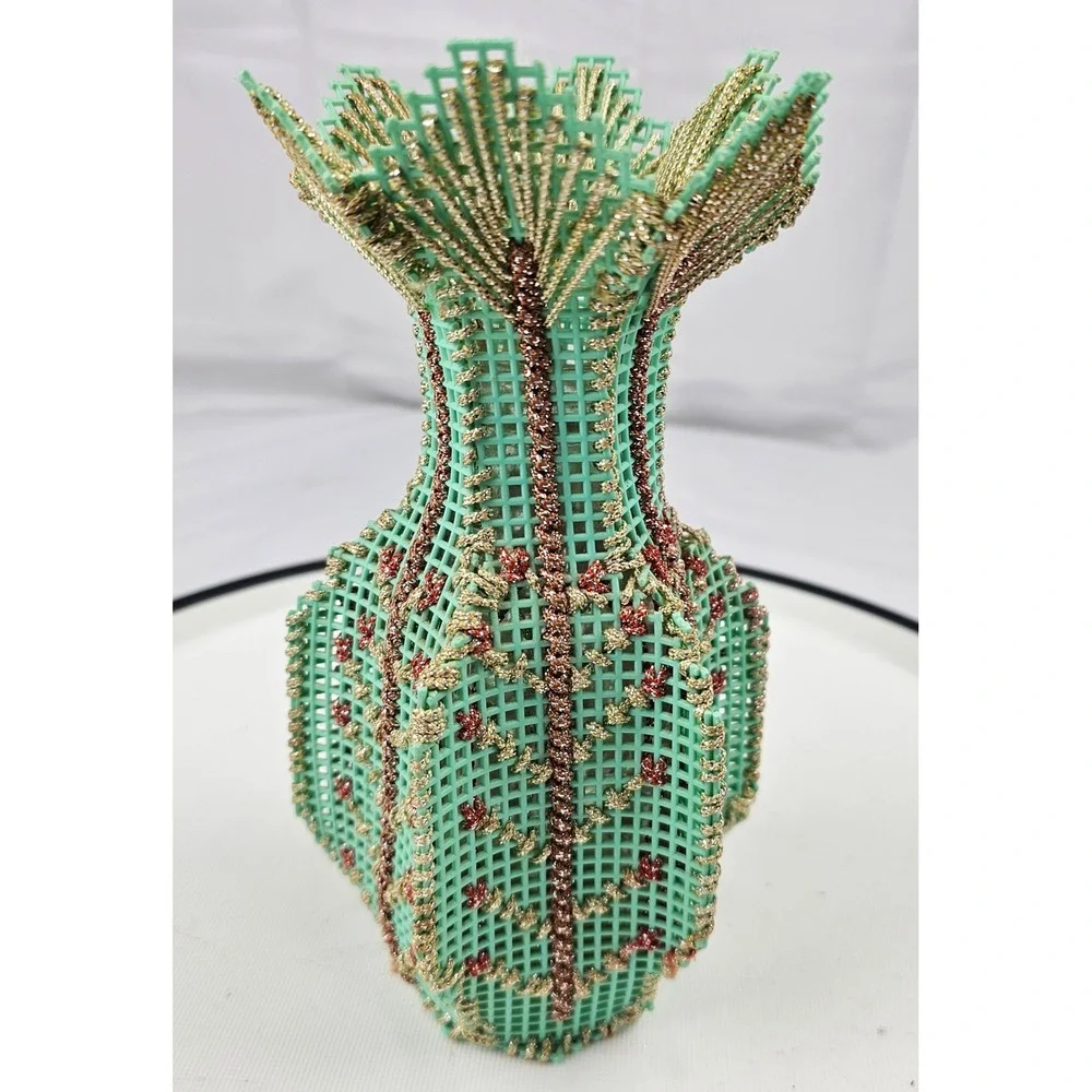 Unique Mint Green Gold Accent‎ Vase Vintage Style Table Decor Flower Holder